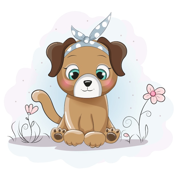 Cute cartoon puppy girl with a bandana on flower field