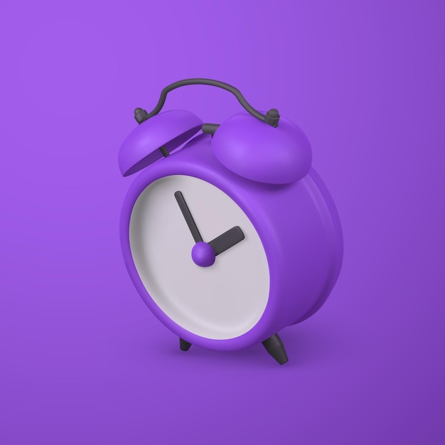 Cute cartoon purple alarm clock 3d realistic table clock with shaddow vector illustration