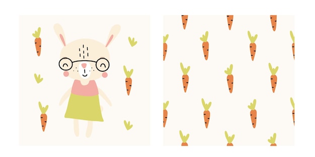 Симпатичный мультяшный кролик и морковь бесшовный узор Смешной заяц для детской или текстильной отделки Вектор