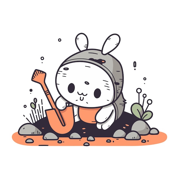 Vector cute cartoon rabbit digging a hole in the ground vector illustration