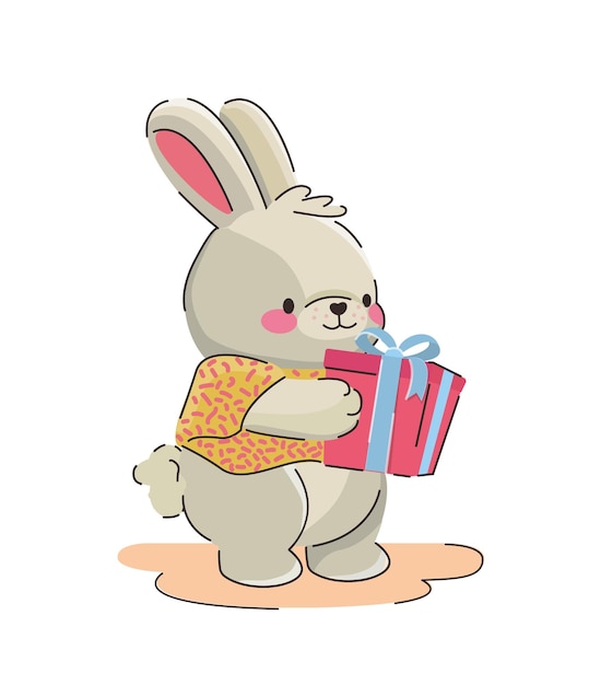 Cute cartoon rabbit gives a gift on a card for a valentine's day greeting or just a birthday vertical template for printing