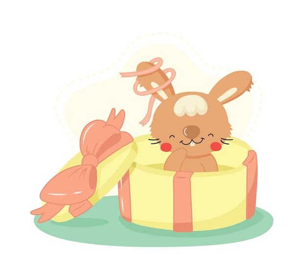 Cute cartoon rabbit sitting in a gift box funny animal character for kids design