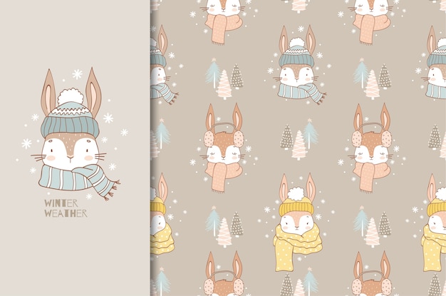 Vector cute cartoon rabbit in winter scarf illustration and seamless pattern