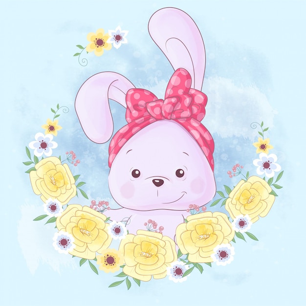 Vector cute cartoon rabbit in a wreath of yellow flowers