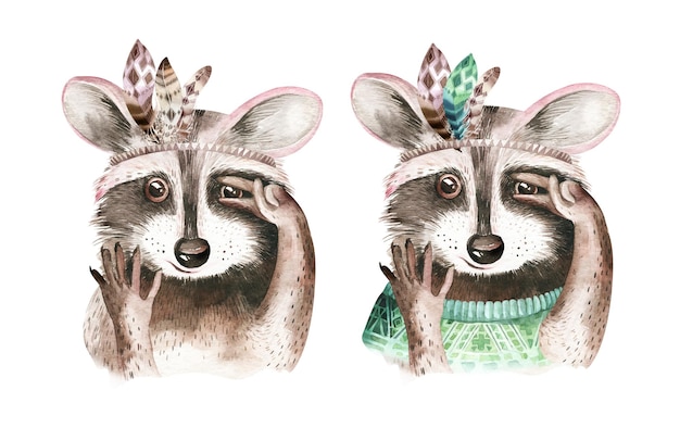 Cute cartoon raccoon animal watercolor portrait