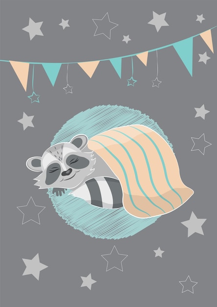 Cute cartoon raccoon sleeping under a blanket Cheerful vector illustration for nursery decoration