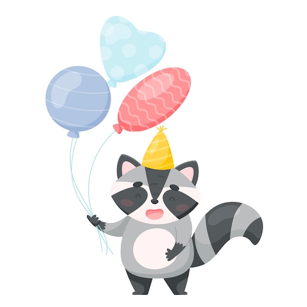 Cute cartoon racoon character with air balloons birthday card vector illustration