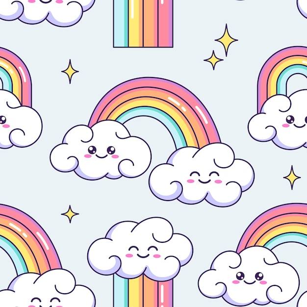 Cute cartoon rainbows with smiling clouds and stars pattern background Children kids illustrations