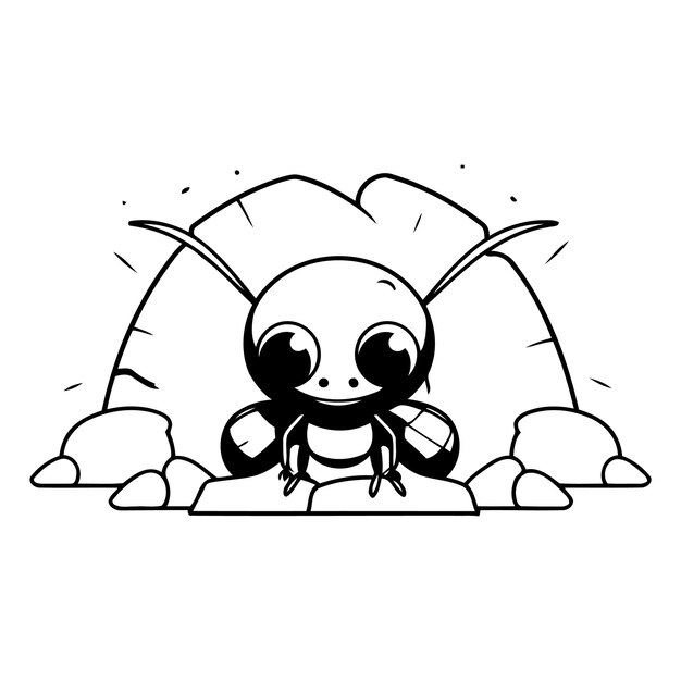 Vector cute cartoon red ant sitting on the stone