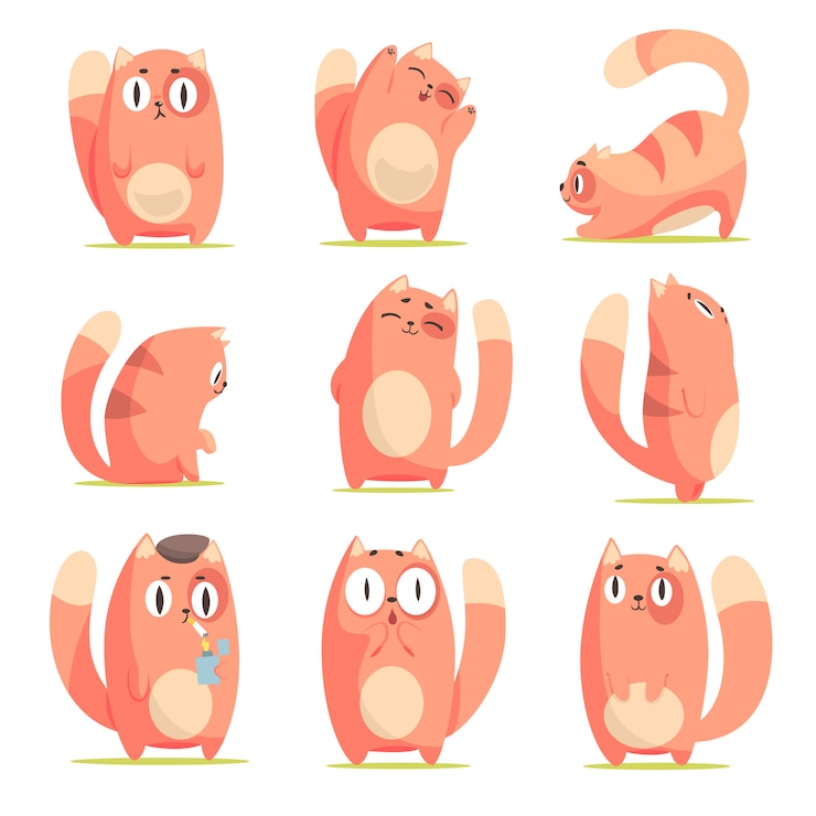 Vector cute cartoon red kitten in different actions set of  illustrations  on white background