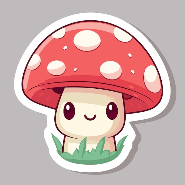 Cute cartoon red mushroom with white dots sticker for kids Vector illustration isolated