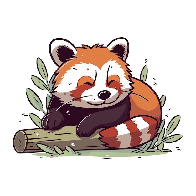 Cute cartoon red panda lying on a log vector illustration