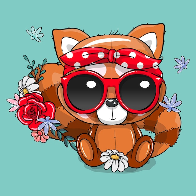 Cute Cartoon red panda with bandana and glasses vector illustration