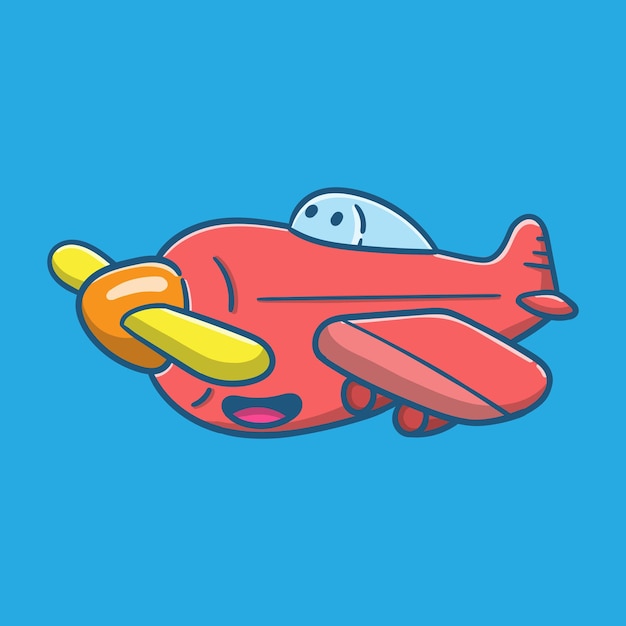 Simpatico cartone animato aereo rosso con illustrazione vettoriale viso sorriso