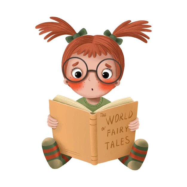 Cute cartoon redhaired girl reading a book of fairy tales