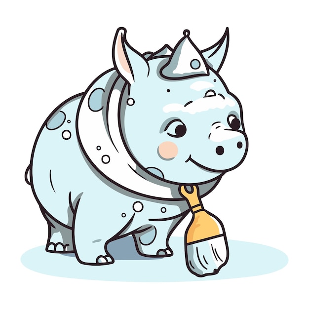 Cute cartoon rhinoceros with a broom Vector illustration