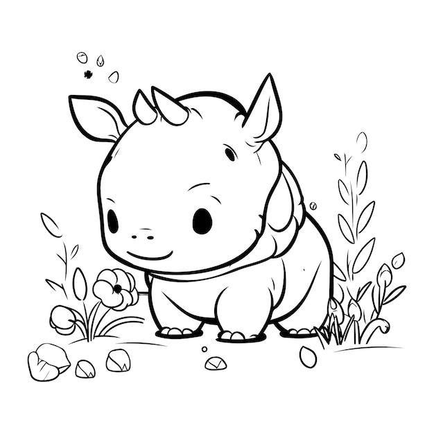 Cute cartoon rhinoceros with flowers Vector illustration