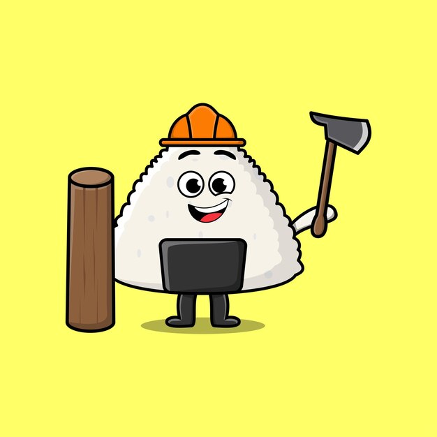 Cute cartoon Rice japanese sushi as carpenter character with ax and wood in flat modern style design