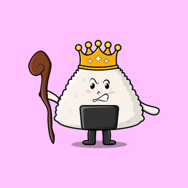 Cute cartoon rice japanese sushi mascot as wise king with golden crown and wooden stick