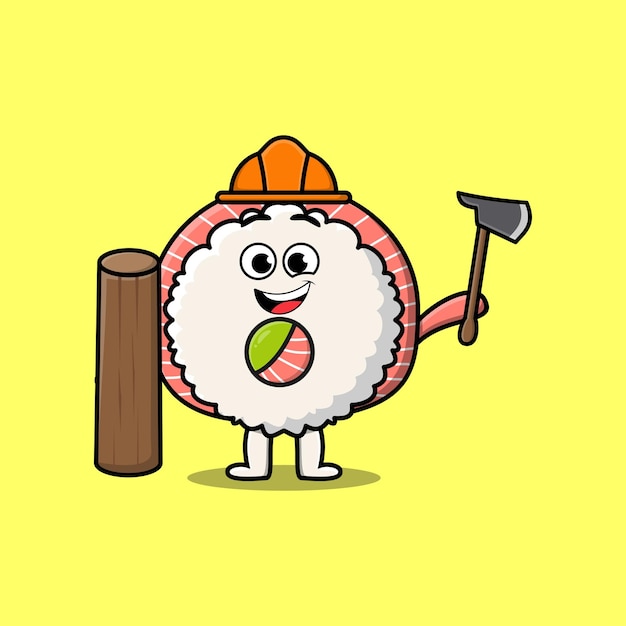 Cute cartoon Rice sushi rolls sashimi as carpenter character with ax and wood in flat modern style d