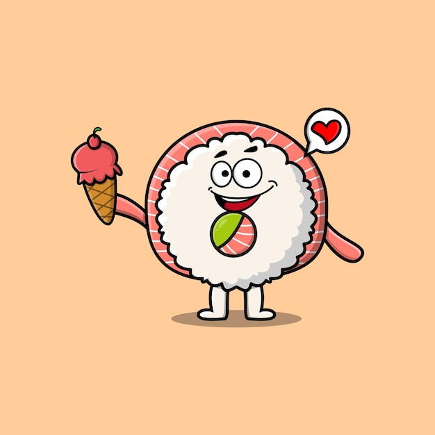 Vector cute cartoon rice sushi rolls sashimi character holding ice cream cone