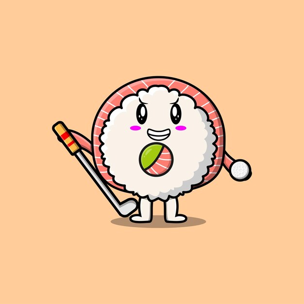 Cute cartoon Rice sushi rolls sashimi character playing golf in concept flat cartoon illustration