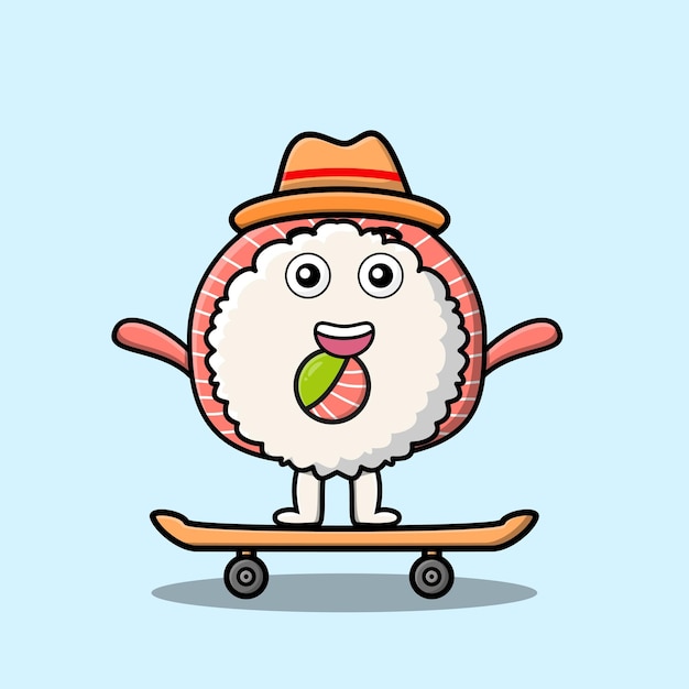 cute cartoon Rice sushi rolls sashimi standing on skateboard with cartoon vector illustration style