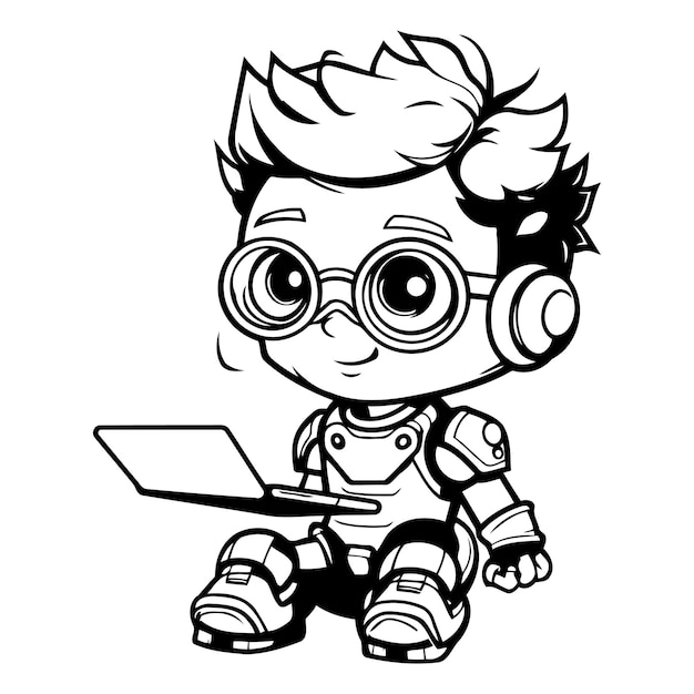 Cute Cartoon Robot Character with Laptop