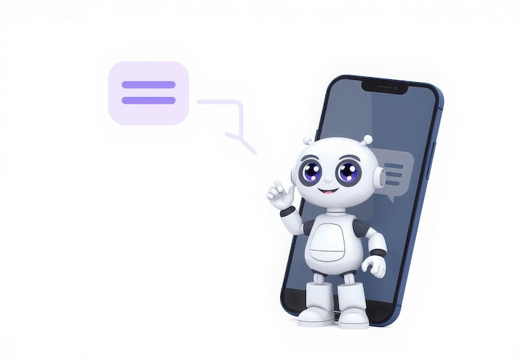 Vector cute cartoon robot friendly expression waving hand speech bubble large smartphone blue and whit