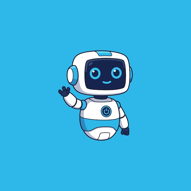 可愛いアニメのロボットが挨をします 友好的な青と白のデザインと明るい笑顔は 幸せな招待の気分を作り出します