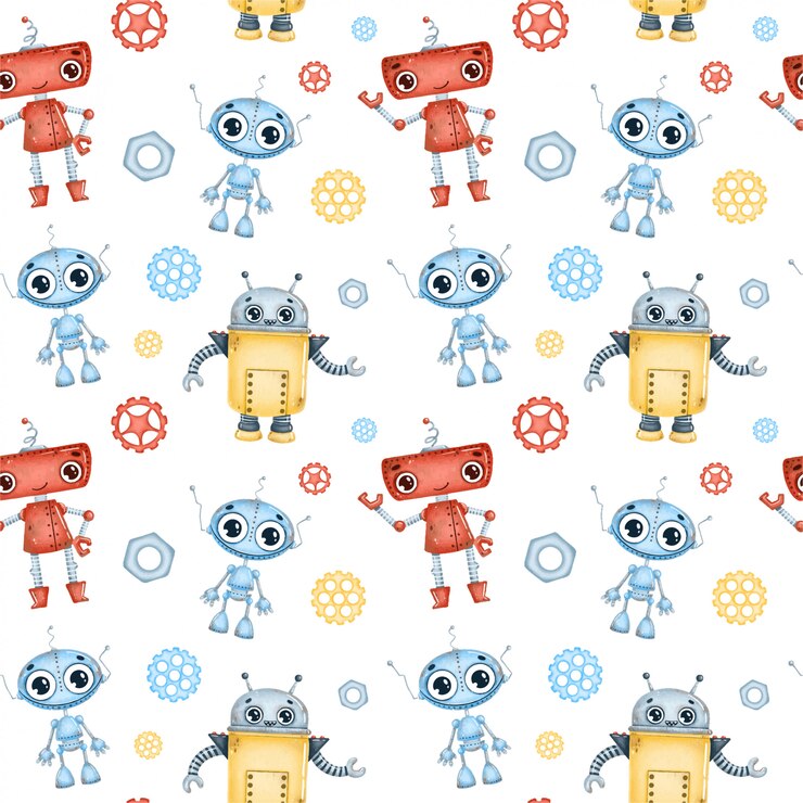 Vector cute cartoon robots seamless pattern