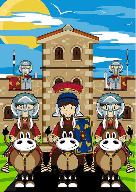 Cute Cartoon Roman Soldiers on Horseback at Tower Fort History Illustration