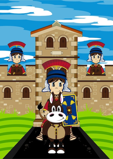 Cute Cartoon Roman Soldiers at Tower Fort History Illustration