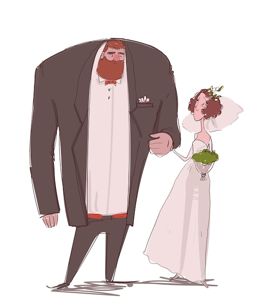 Vector cute cartoon romance couple - bride and groom