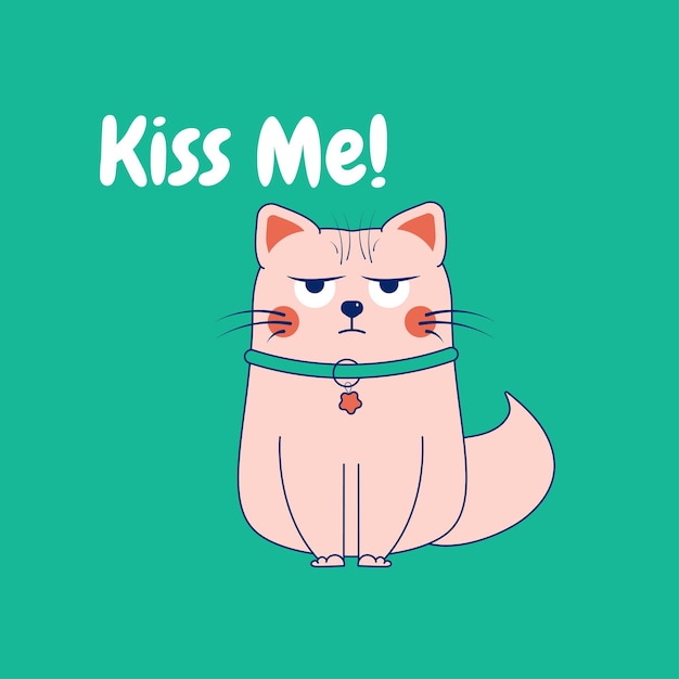Cute cartoon sad doodle cat Card with the inscription kiss me