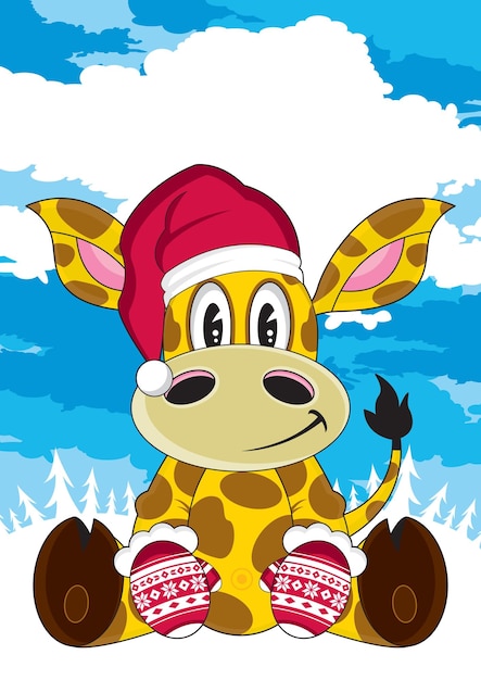 Cute Cartoon Santa Claus Christmas Giraffe Character