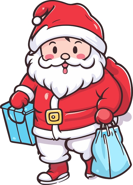 Cute cartoon Santa Claus coming in Christmas day with gifts vector illustration