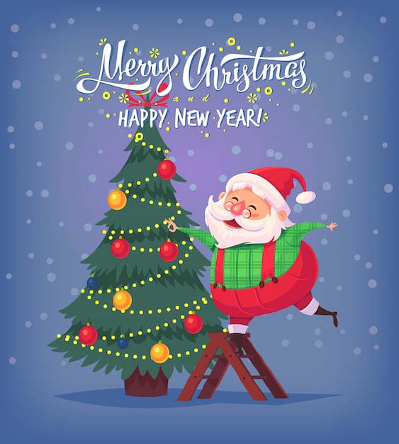 Simpatico cartone animato babbo natale che decora l'albero di natale illustrazione di buon natale poster di cartolina d'auguri