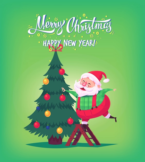 Cute cartoon santa claus decorating christmas tree merry christmas  illustration greeting card poster