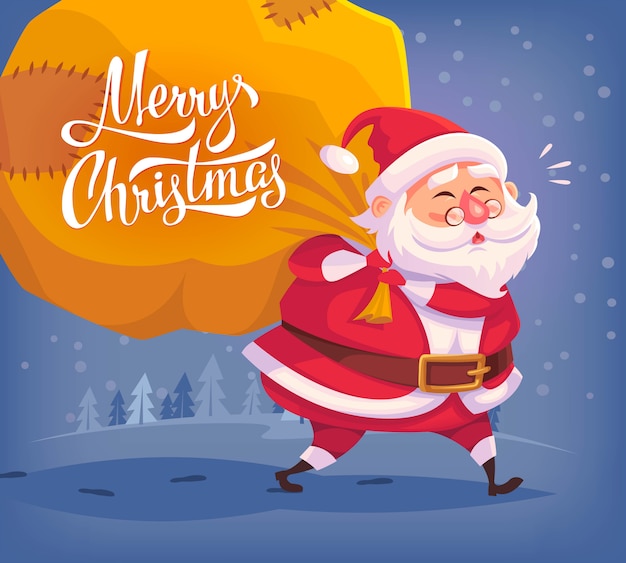 Милый мультфильм санта-клаус доставляет подарки в большой сумке с рождеством христовым иллюстрация поздравительная открытка постер