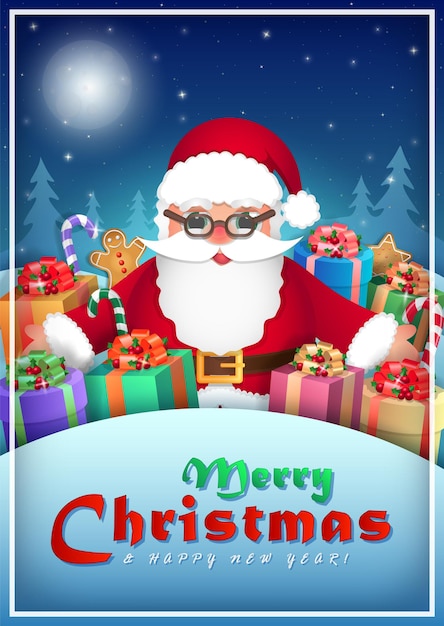 Cute cartoon Santa Claus in the middle of gifts and sweets behind snowdrift. Vector greeting card