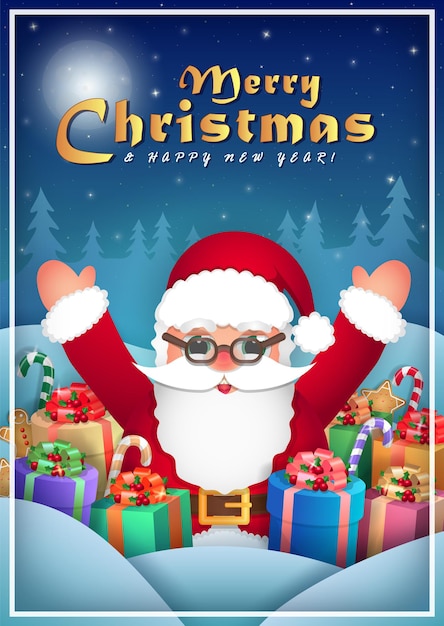 Cute cartoon Santa Claus in the middle of gifts and sweets with his hands up. Holiday greeting cards