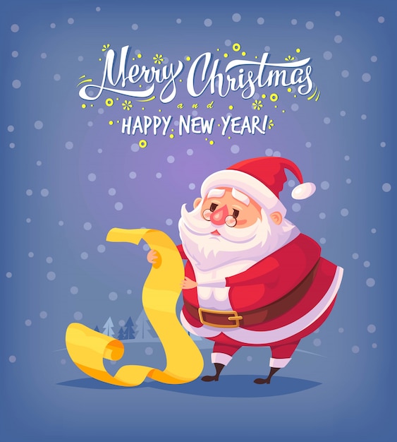 Cute cartoon Santa Claus reading gift list Merry Christmas  illustration Greeting card poster