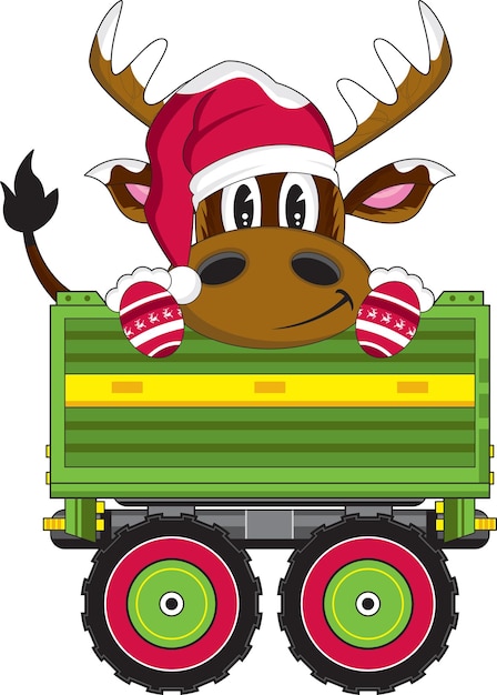 Cute Cartoon Santa Claus Reindeer Character in Little Green Trailer Illustration