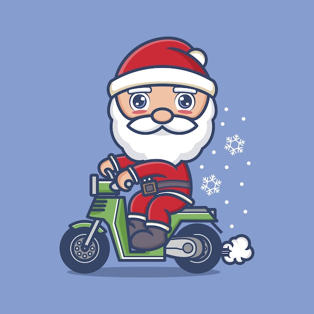 Simpatico cartone animato babbo natale in sella a una moto