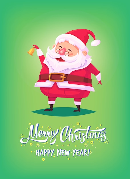 かわいい漫画のサンタクロースのベルを鳴らし、メリークリスマスイラストを笑顔グリーティングカードポスター
