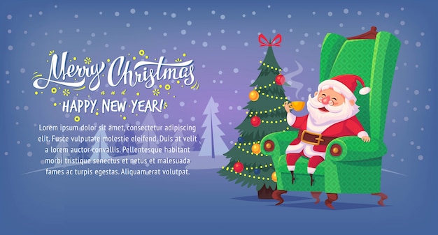 Simpatico cartone animato babbo natale seduto in poltrona a bere il tè buon natale illustrazione banner orizzontale