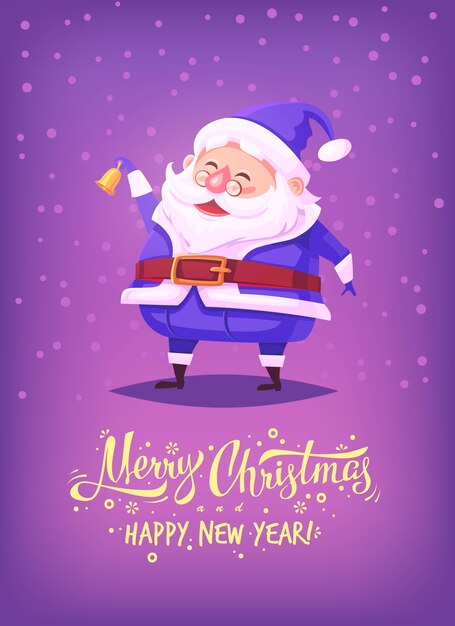 ベルを鳴らしている青い衣装を着て、メリークリスマスイラストを笑顔のかわいい漫画のサンタクロース