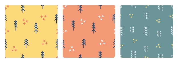 Симпатичные мультяшные скандинавские векторные узоры, лесные деревья, каракули для текстиля, обертки, детские открытки