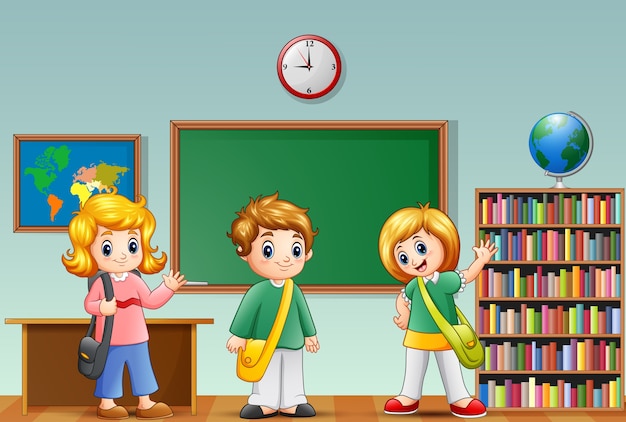 Cute cartoon school kids in a classroom